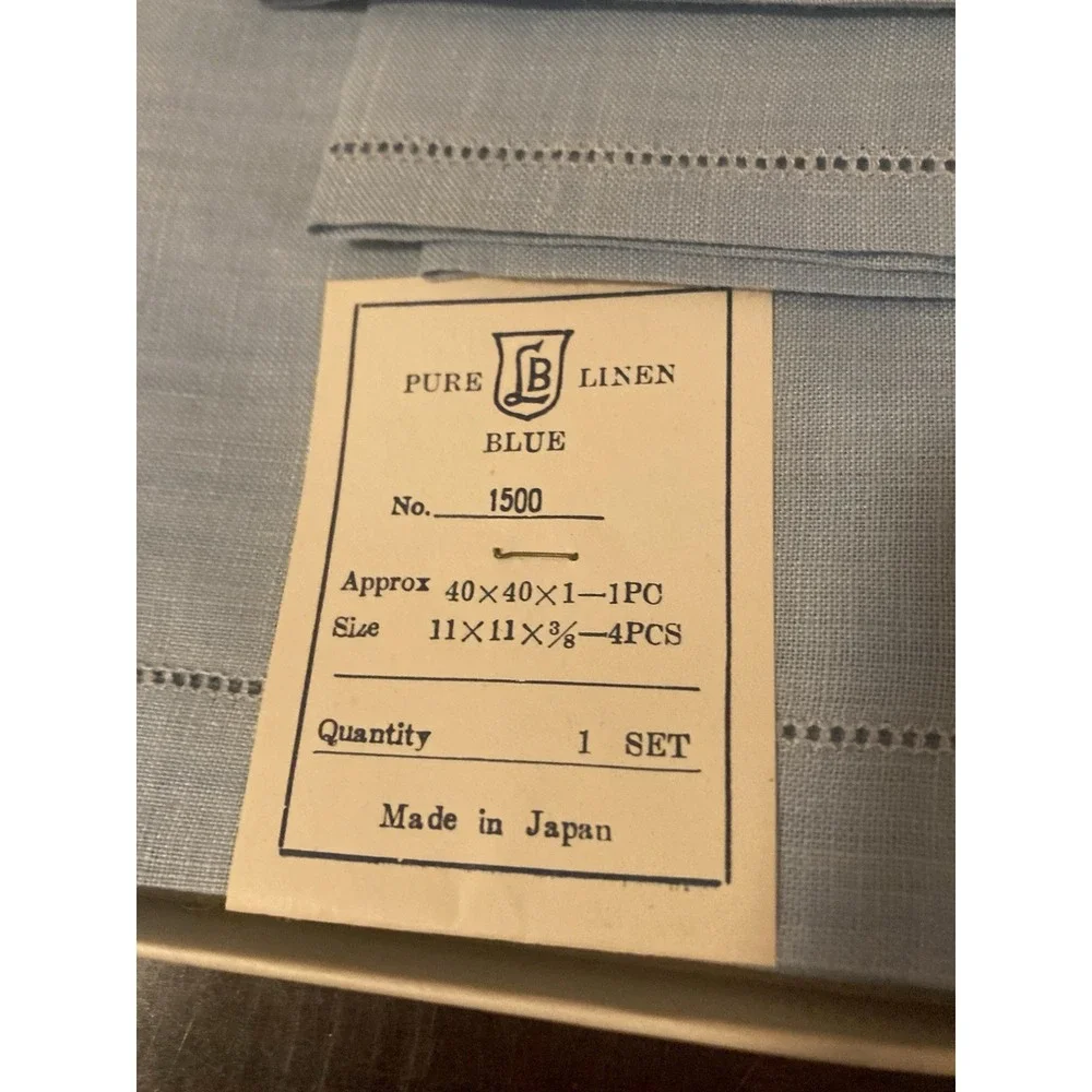 Vintage Japan Pure Linen Tablecloth Napkin‎ Set Blue NWT Original Box